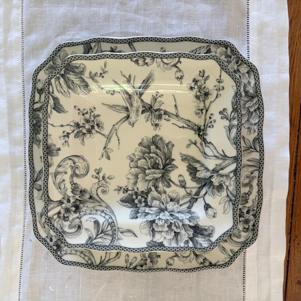 222 Fifth Adelaide Grey 4 Square Dinner And 2 Square Salad Plates Birds Floral